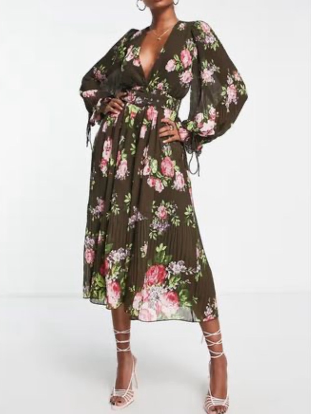 ASOS Brown Floral Pleated Button Front Midi Dress Size 4